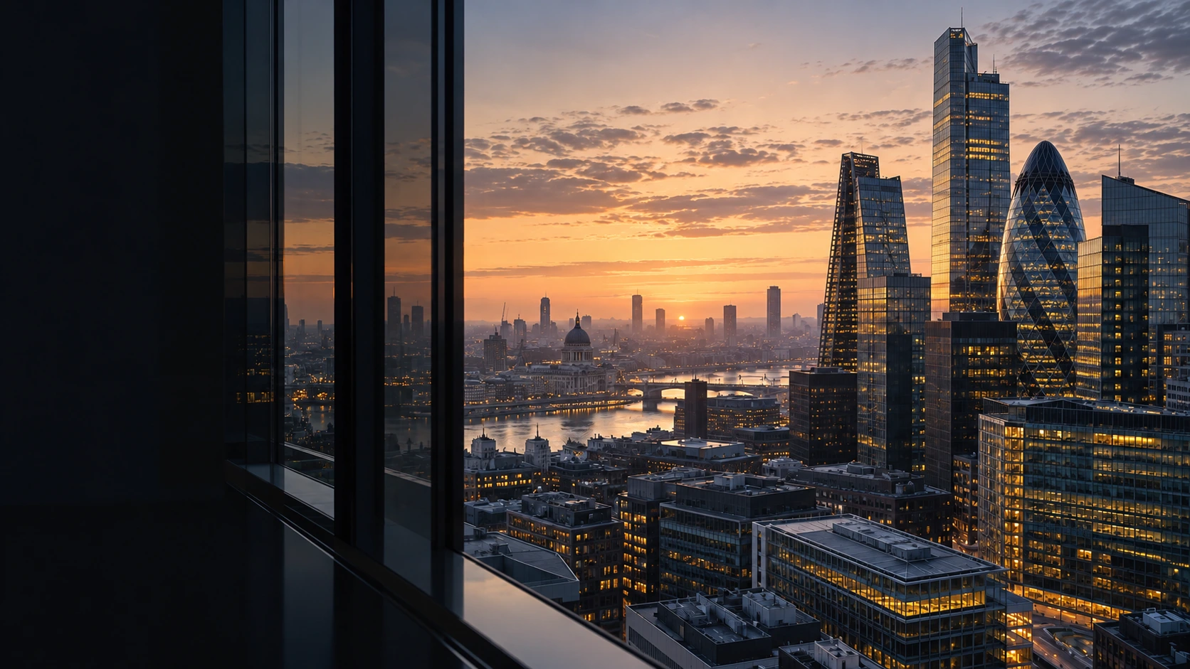 Illustrative view of steel and glass buildings in a financial district at dawn